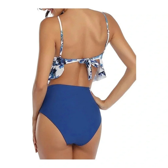 TROPICAL HIGH WAISTED BLUE BIKINI SWIMSUIT 2 PIECE STRAPPY SIZE MEDIUM NWT - Picture 2 of 9